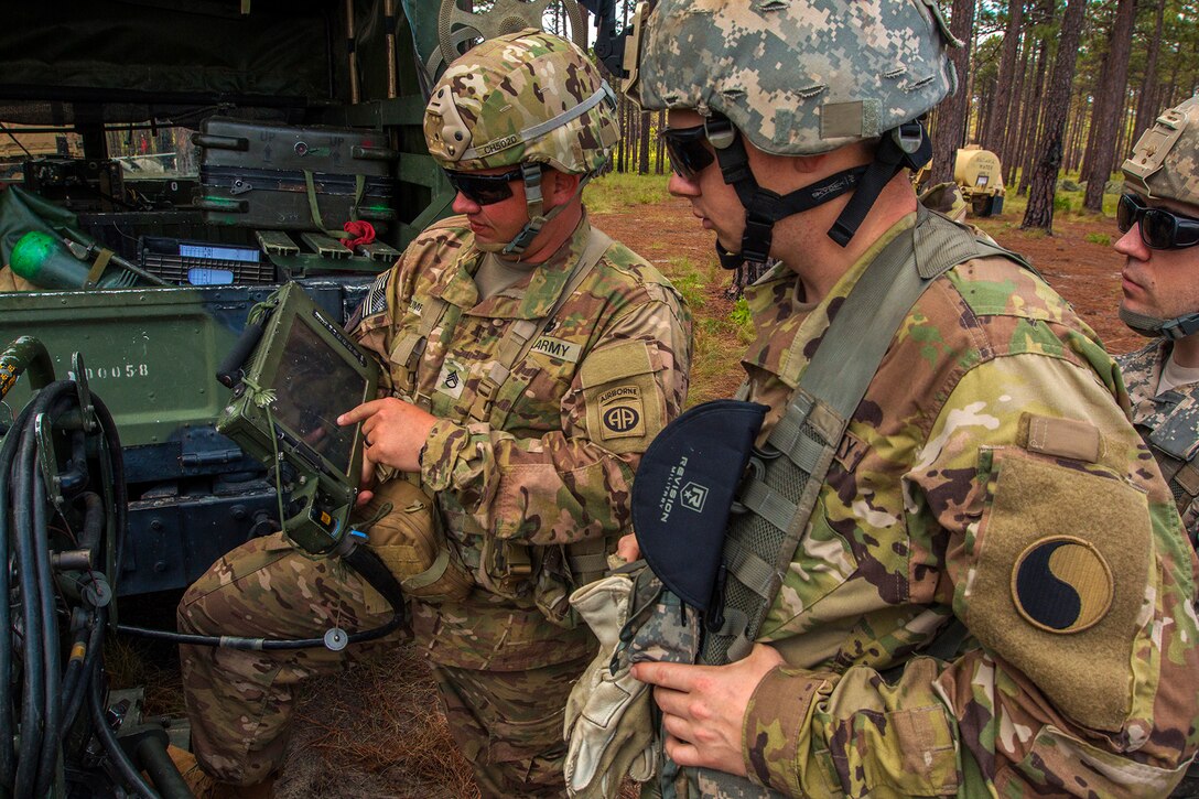 Army Staff Sgt. Christopher Humphrey, left, guides Virginia National Guard soldiers assigned to the 1st Battalion, 111th Field Artillery Regiment, 116th Infantry Brigade Combat Team, 29th Infantry Division, through a tutorial on the M119Ahowitzer during a field training exercise at Fort Bragg, N.C., May 5, 2017. The field training exercise served to familiarize the Virginia National Guard with new weapons systems for their annual training and in preparation for a field artillery qualification. Army photo by Spc. L'Erin Wynn