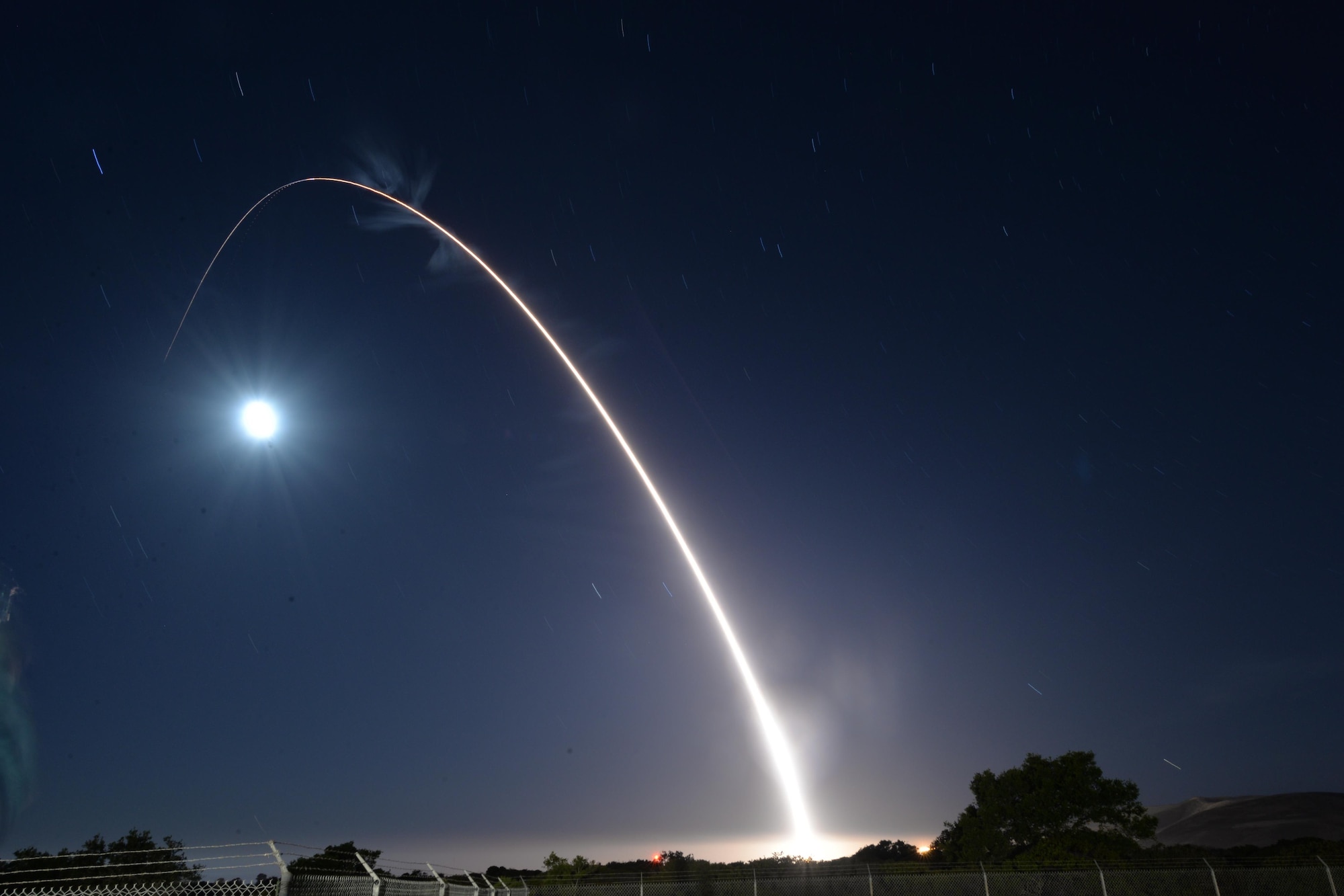 An unarmed U.S. Air Force Minuteman III intercontinental ballistic missile launches during an operational test May 3, 2017, at Vandenberg Air Force Base, Calif. A team of Air Force Global Strike Command Airmen assigned to the 341st Missile Wing at Malmstrom Air Force Base, Mont., launched the Minuteman III ICBM equipped with a single test reentry vehicle. (U.S. Air Force photo by Airman 1st Class Daniel Brosam)