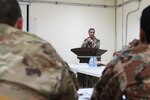 A military judge from the Jordan Armed Forces- Arab Army leads a discussion on operational law and military justice during a U.S.-Jordanian military legal symposium April 27, 2017, near Amman, Jordan. The four-day symposium included U.S. Army and U.S. Air Force legal professionals from the U.S. Central Command and military judges from the Jordan Armed Forces- Arab Army. (U.S. Army National Guard photo by Master Sgt. A.J. Coyne)