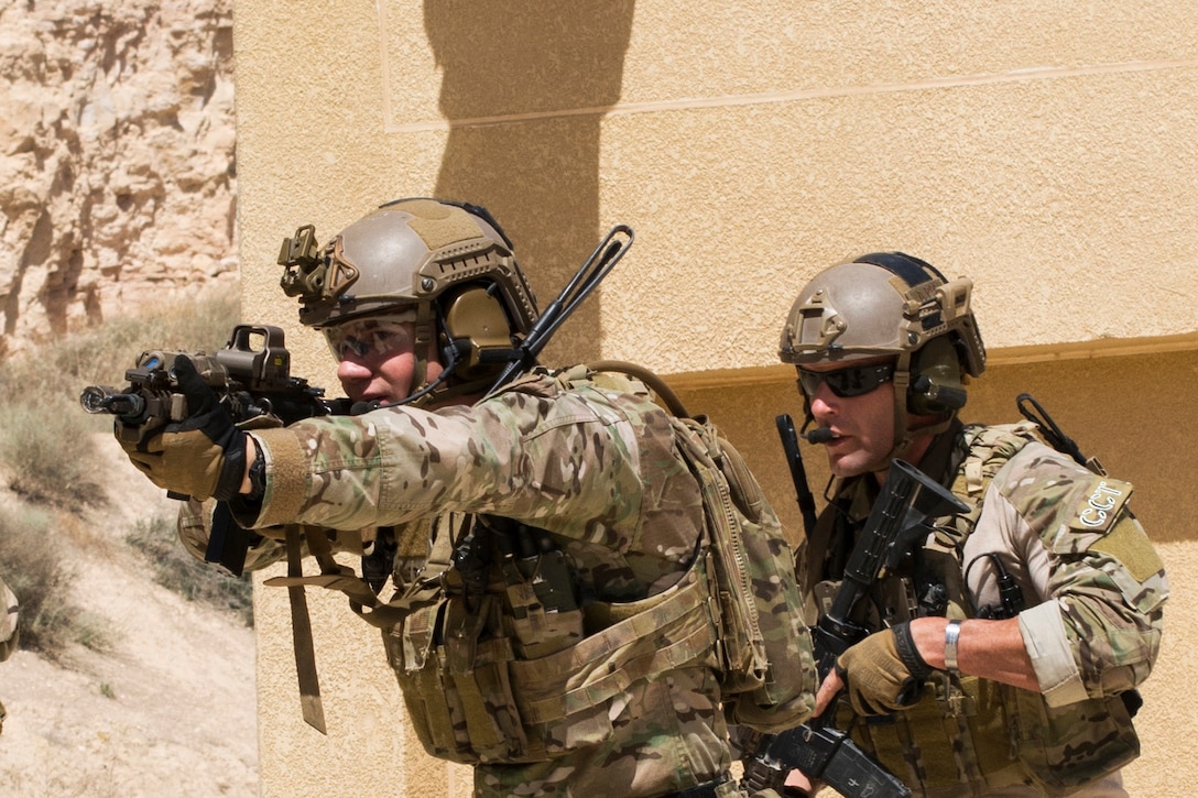 Members of the Air Force Special Operation's 23rd Special Tactics Squad participate in small unit tactics at the King Abdullah II Special Operations Training Center during Eager Lion 2017 in Amman, Jordan, May 8, 2017. Eager Lion is an annual U.S. Central Command exercise in Jordan designed to strengthen military-to-military relationships between the U.S., Jordan and other international partners. Navy photo by Petty Officer 2nd Class Christopher Lange
