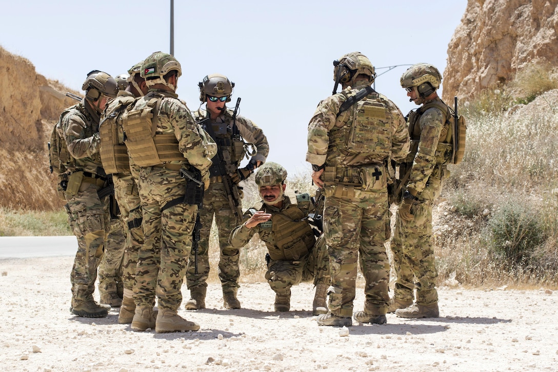 Members of the Air Force Special Operation's 23rd Special Tactics Squad and Jordanian Special Forces participate in small unit tactics at the King Abdullah II Special Operations Training Center during Eager Lion 2017 in Amman, Jordan, May 8, 2017. Navy photo by Petty Officer 2nd Class Christopher Lange
