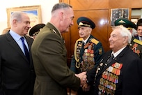 Chairman of the Joint Chiefs of Staff, General Joseph Dunford meeting a group of WWII veterans during a meeting with Israeli Prime Minister Benjamin Netanyahu in Jerusalem, May 9, 2017.