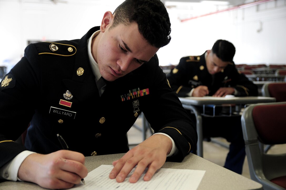 Spc. Mitchell Willyard, a human resources specialist with the 620th Combat Sustainment Support Battalion, writes an essay during the Best Warrior Competition hosted by the 79th Sustainment Support Command at Camp Pendleton, Calif., May 4, 2017. 

The U.S. Army Reserve's 79th Sustainment Support Command hosted their 2017 Best Warrior Competition at Camp Pendleton, Calif., May 3-6. The Best Warrior Competition seeks out the best candidate that defines a U.S. Army Soldier by testing Soldiers physically and mentally. The competition consisted of one enlisted Soldier and one noncommissioned officer from four separate one-star commands, which fall underneath the command and control of 79th SSC. At the conclusion, one Soldier and one NCO were named the 79th SSC Best Warriors and will represent the command in the U.S. Army Reserve Best Warrior Competition held at Fort Bragg, N.C., June 4-10, 2017. (U.S. Army photo by Sgt. Heather Doppke/released)