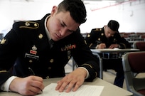 Spc. Mitchell Willyard, a human resources specialist with the 620th Combat Sustainment Support Battalion, writes an essay during the Best Warrior Competition hosted by the 79th Sustainment Support Command at Camp Pendleton, Calif., May 4, 2017. 

The U.S. Army Reserve's 79th Sustainment Support Command hosted their 2017 Best Warrior Competition at Camp Pendleton, Calif., May 3-6. The Best Warrior Competition seeks out the best candidate that defines a U.S. Army Soldier by testing Soldiers physically and mentally. The competition consisted of one enlisted Soldier and one noncommissioned officer from four separate one-star commands, which fall underneath the command and control of 79th SSC. At the conclusion, one Soldier and one NCO were named the 79th SSC Best Warriors and will represent the command in the U.S. Army Reserve Best Warrior Competition held at Fort Bragg, N.C., June 4-10, 2017. (U.S. Army photo by Sgt. Heather Doppke/released)