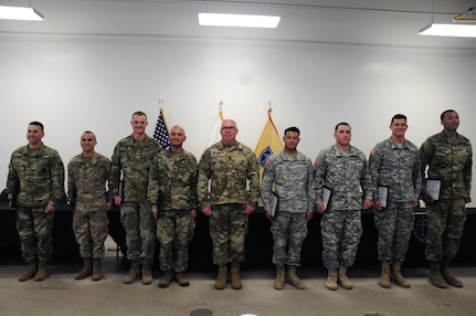 Command Sgt. Maj. Donald E. Langworthy II, interim command sergeant major of the 79th Sustainment Support, poses with Best Warrior Competitors during the BWC’s closing ceremony hosted by the 79th SSC at Camp Pendleton, Calif., May 6, 2017.

The U.S. Army Reserve's 79th Sustainment Support Command hosted their 2017 Best Warrior Competition at Camp Pendleton, Calif., May 3-6. The Best Warrior Competition seeks out the best candidate that defines a U.S. Army Soldier by testing Soldiers physically and mentally. The competition consisted of one enlisted Soldier and one noncommissioned officer from four separate one-star commands, which fall underneath the command and control of 79th SSC. At the conclusion, one Soldier and one NCO were named the 79th SSC Best Warriors and will represent the command in the U.S. Army Reserve Best Warrior Competition held at Fort Bragg, N.C., June 4-10, 2017. (U.S. Army photo by Sgt. Heather Doppke/released)