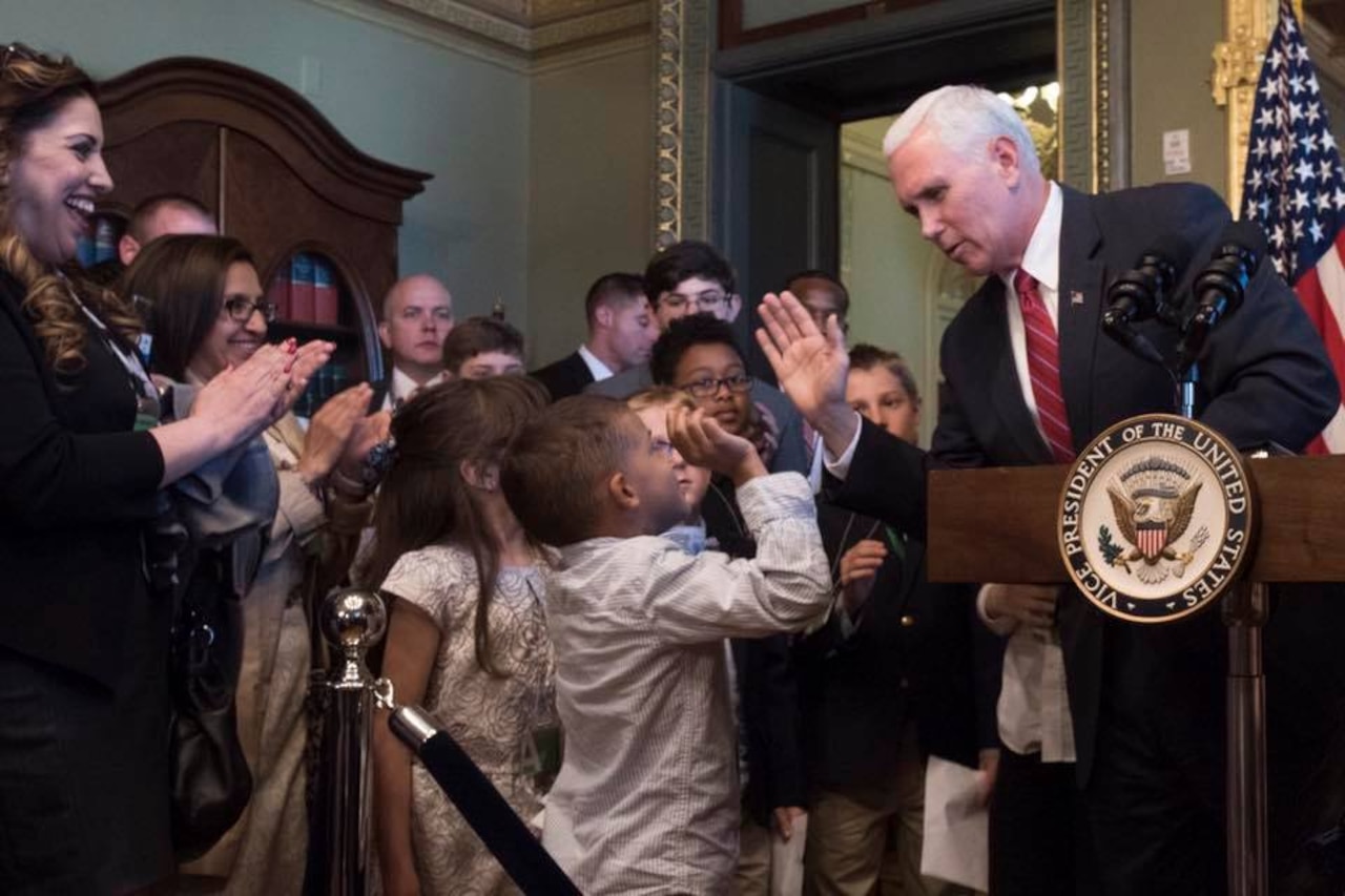 Vice President Mike Pence greets children at an event honoring military families at the White House, May 9, 2017. The event included more than 150 members of military families from all branches of service. White House photo.