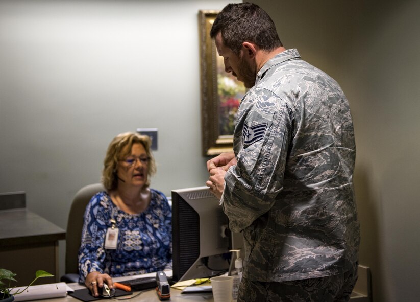 Staff Sgt. Nicholas Worley, 23d Civil Engineer Squadron electrical systems craftsman, schedules an appointment, April 18, 2017, in Valdosta, Ga. In January 2012 Worley was diagnosed with Chronic Myelogenous Leukemia, an uncommon form of blood-cell cancer that starts in the blood-forming bone marrow cells. He’s currently in remission and goes to the cancer center every three months to ensure his treatment is still working. (U.S. Air Force Photo by Senior Airman Janiqua P. Robinson)