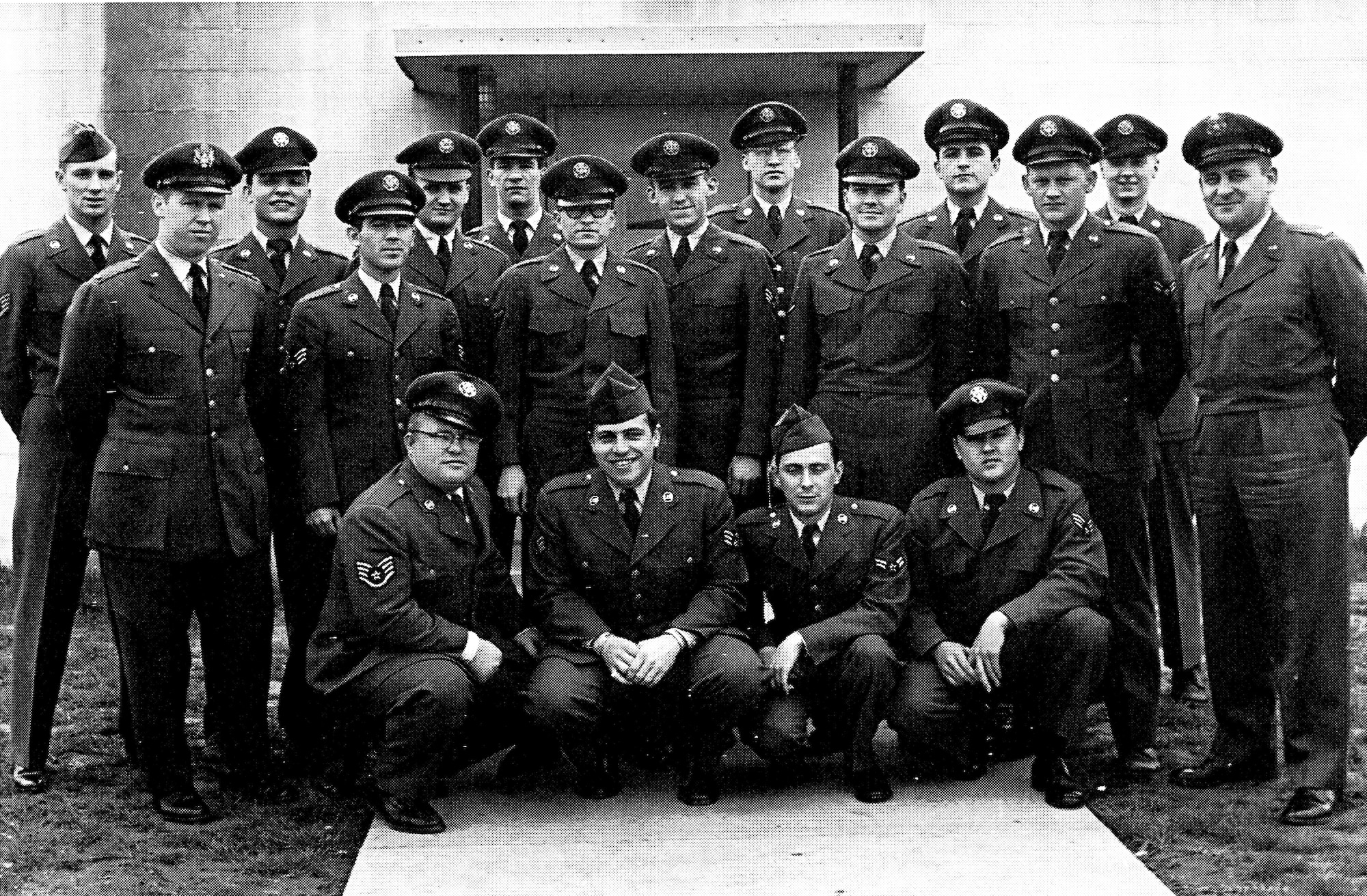 Radar operators pose for a photo in 1953 at the Belleville Air Force Station at Turkey Hill, Belleville. These Airmen were assigned to the 798th Aircraft Control and Warning Squadron, which was responsible for monitoring the skies for hostile airborne objects in the metro-east, including the St. Louis metropolitan area. These particular Airmen were tasked with continuous detection, identification, and monitoring of aircraft. The call sign they used to communicate with F-86 pilots at Scott Air Force Base and with other air defense centers was “Agony,” so named as to be random for security and reporting purposes.