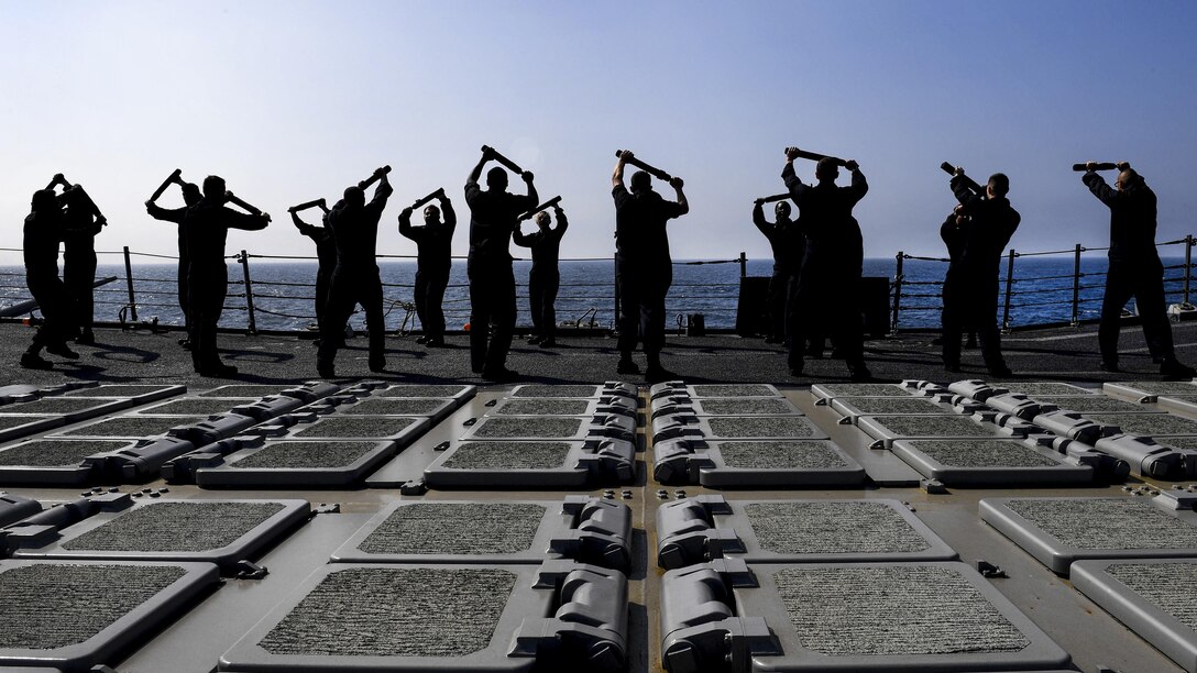 Sailors on the USS Oscar Austin participate in a security reaction course in the Black Sea, May 9, 2017. The Austin is supporting U.S. national security interests in Europe, and increasing theater security cooperation and forward naval presence in the U.S. 6th Fleet area of operations. Navy photo by Petty Officer 1st Class Sean Spratt
