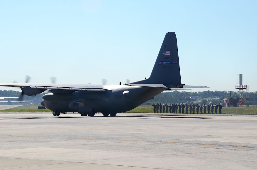 Four C-130 H3 Hercules aircraft depart Dobbins Air Reserve Base, Georgia May 8, 2017 in route to Southwest Asia. Over 150 aircrew, aircraft maintenance and support personnel from the 94th Operations and Maintenance Groups will complete a four-month Air Expeditionary Force rotation, during which they will be responsible for cargo and personnel airlift and tactical airdrop missions. (U.S. Air Force photo/Don Peek)