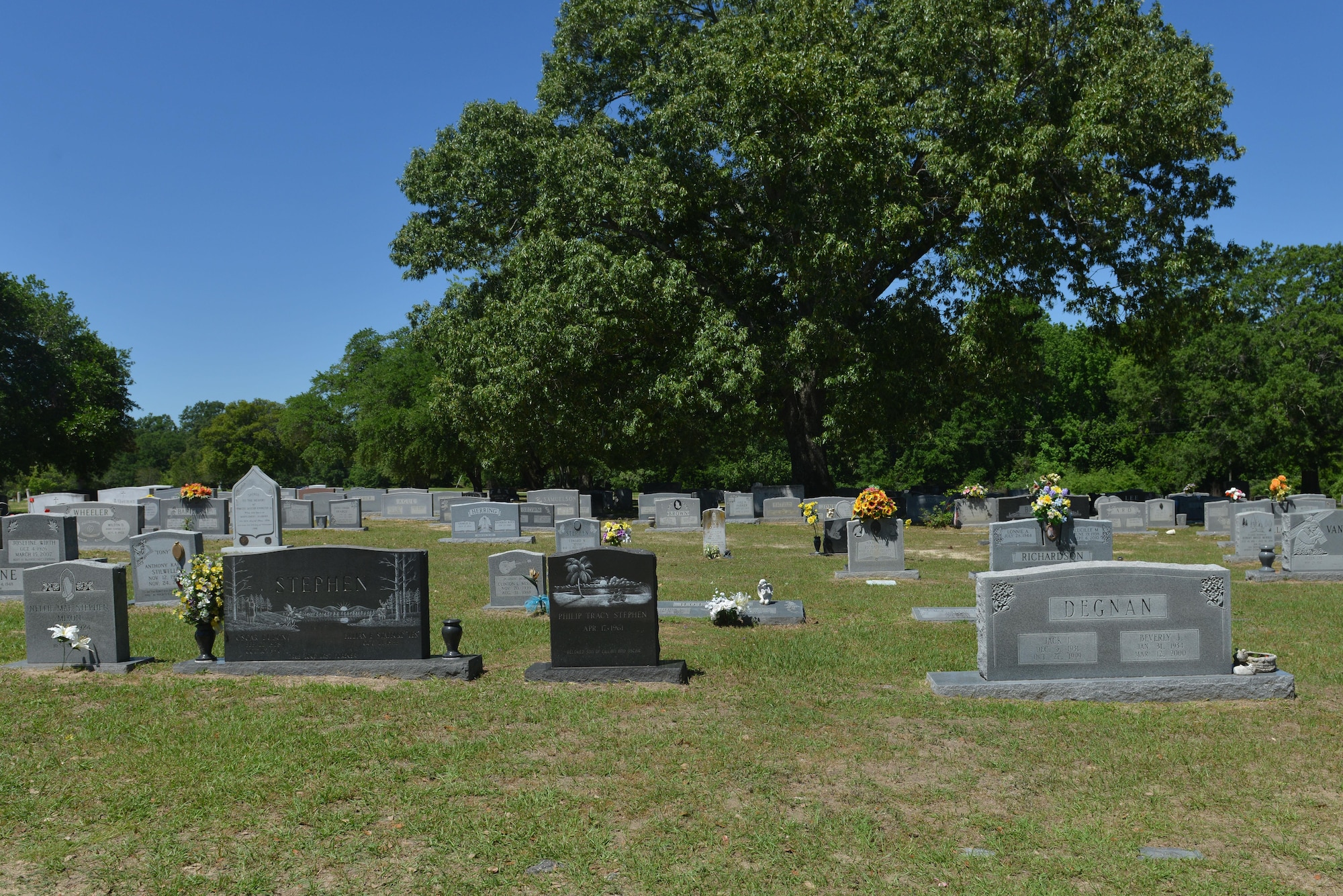 Headstones lined up at Sumter Cemetery in Sumter, S.C., May 2, 2017. The 80-acre cemetery where more than 3,300 veterans were laid to rest was established in 1830. (U.S. Air Force photo by Airman 1st Class Destinee Sweeney)