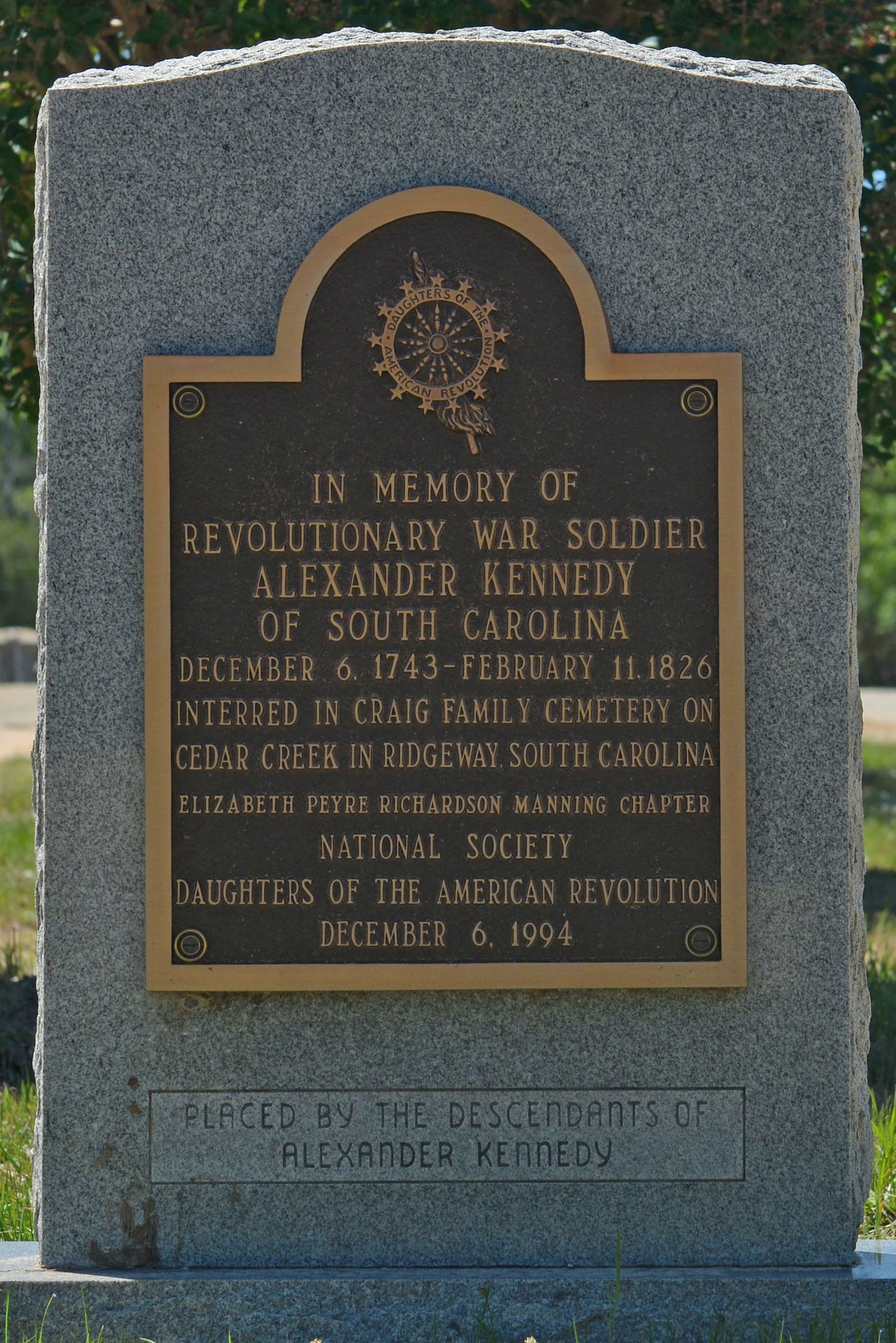 A memorial for Alexander Kennedy, Revolutionary War soldier, stands at Sumter Cemetery, in Sumter, S.C., May 2, 2017. Service members from all branches of service and conflicts have been laid to rest at Sumter Cemetery. (U.S. Air Force photo by Airman 1st Class Destinee Sweeney)