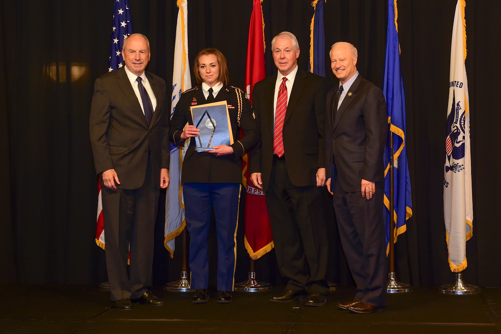 Army Sgt. Chloe Olson is awarded the Colorado National Guard Soldier of the year at the Armed Forces Recognition Luncheon May 5, 2017, at the DoubleTree by Hilton in Denver. The AFRL is an annual event hosted by the Aurora Chamber of Commerce in appreciation of Colorado’s active-duty, guardsmen and reservists. (U.S. Air Force photo by Airman Jacob Deatherage/Released)