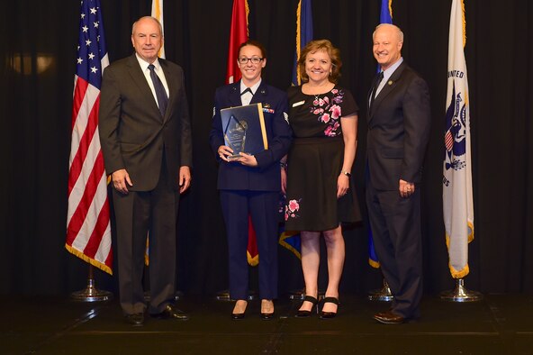 Staff Sgt. Krystal Eisenhauer is awarded the reservist Airman of the year at the Armed Forces Recognition Luncheon May 5, 2017, at the DoubleTree by Hilton in Denver. The AFRL is an annual event hosted by the Aurora Chamber of Commerce in appreciation of Colorado’s active-duty, guardsmen and reservists. (U.S. Air Force photo by Airman Jacob Deatherage/Released)