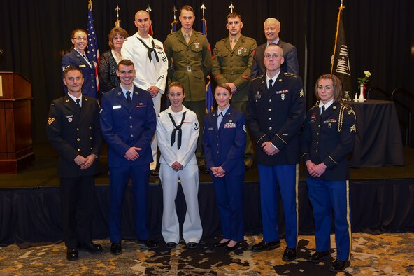 The winners at the Armed Forces Recognition Luncheon stand together May 5, 2017, at the DoubleTree by Hilton in Denver. The AFRL is an annual event hosted by the Aurora Chamber of Commerce in appreciation of Colorado’s active-duty, guardsmen and reservists. (U.S. Air Force photo by Airman Jacob Deatherage/Released)