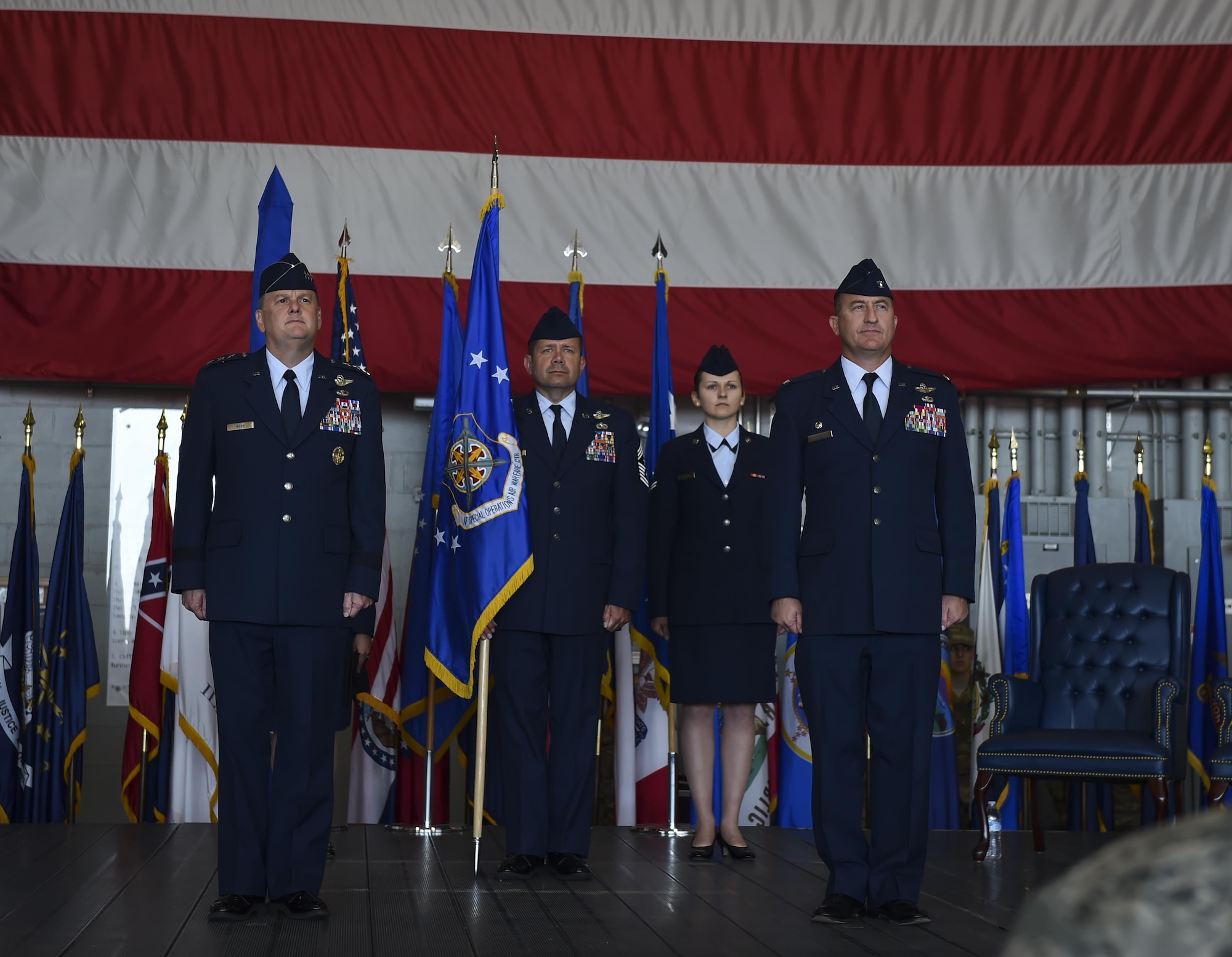 Lt. Gen. Brad Webb, left, the commander of Air Force Special Operations Command, stands with Col. Nathan Green, right, the commander of Air Force Special Operations Air Warfare Center, prior to its inactivation and subsequent activation of the 492nd Special Operations Wing during a ceremony at Hurlburt Field, May 10, 2017. Simultaneously, the 492nd Special Operations Group and the 492nd Special Operations Training Group were activated under the 492nd SOW. (U.S. Air Force photo by Airman 1st Class Joseph Pick)