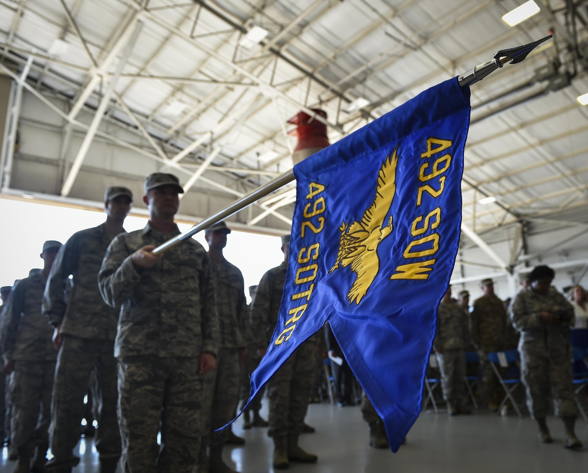 Air Commandos attend the 492nd Special Operations Wing activation ceremony at Hurlburt Field, May 10, 2017. The designator for the 492nd SOW dates back to WWII when the 801st Bombardment Group was established at Harrington Field, England, in September 1943. Almost a year later, it would be redesignated as the 492nd Bombardment Group, a cover for their secret mission—Operation Carpetbagger. (U.S. Air Force photo by Airman 1st Class Joseph Pick)