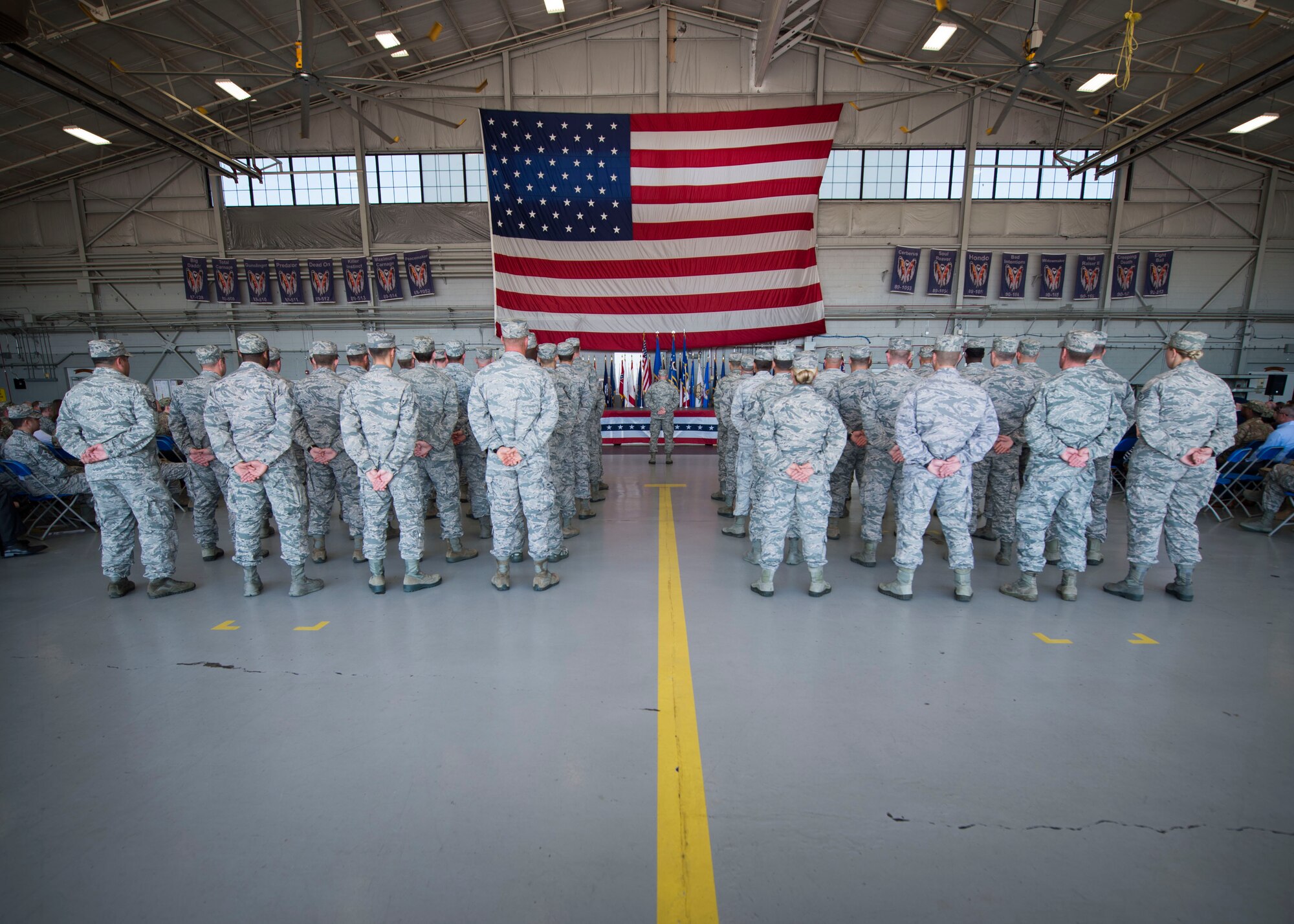 Air Commandos with the Air Force Special Operations Air Warfare Center stand in formation before the 492nd Special Operations Wing activation ceremony at Hurlburt Field, Fla., May 10, 2017. The designator for the 492nd SOW dates back to WWII when the 801st Bombardment Group was established at Harrington Field, England, in September 1943. Almost a year later, it would be redesignated as the 492nd Bombardment Group, a cover for their secret mission-Operation Carpetbagger. (U.S. Air Force photo by Senior Airman Krystal M. Garrett)