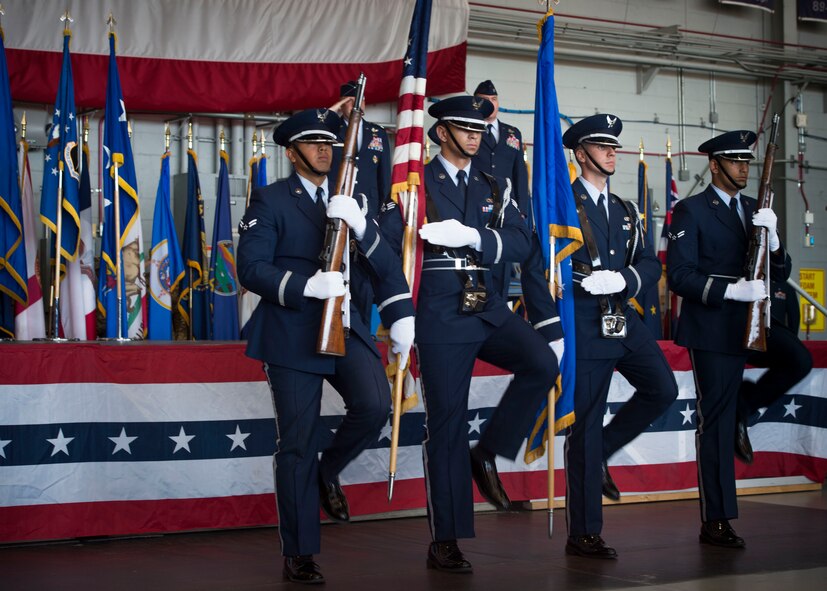 The Hurlburt Field Honor Guard presents the colors during a ceremony to deactivate Air Force Special Operations Air Warfare Center and activate the 492nd Special Operations Wing at Hurlburt Field, Fla., May 10, 2017. The Air Force Special Operations Air Warfare Center was inactivated and the 492nd SOW was activated. Simultaneously, the 492nd Special Operations Group and the 492nd Special Operations Training Group were activated under the 492nd SOW. (U.S. Air Force photo by Senior Airman Krystal M. Garrett)