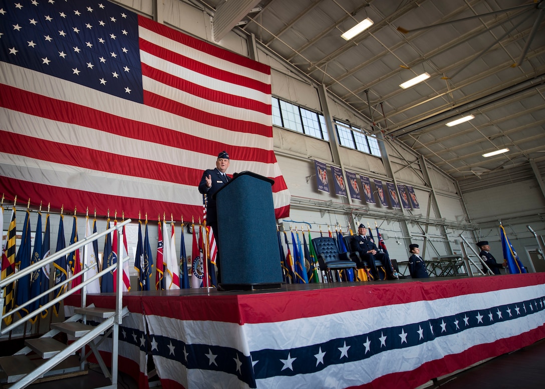 Lt. Gen. Brad Webb, speaks during the 492nd Special Operations Wing activation ceremony at Hurlburt Field, Fla., May 10, 2017. The Air Force Special Operations Air Warfare Center was inactivated and the 492nd SOW was activated during the ceremony. Simultaneously, the 492nd Special Operations Group and the 492nd Special Operations Training Group were activated under the 492nd SOW.(U.S. Air Force photo by Senior Airman Krystal M. Garrett) 