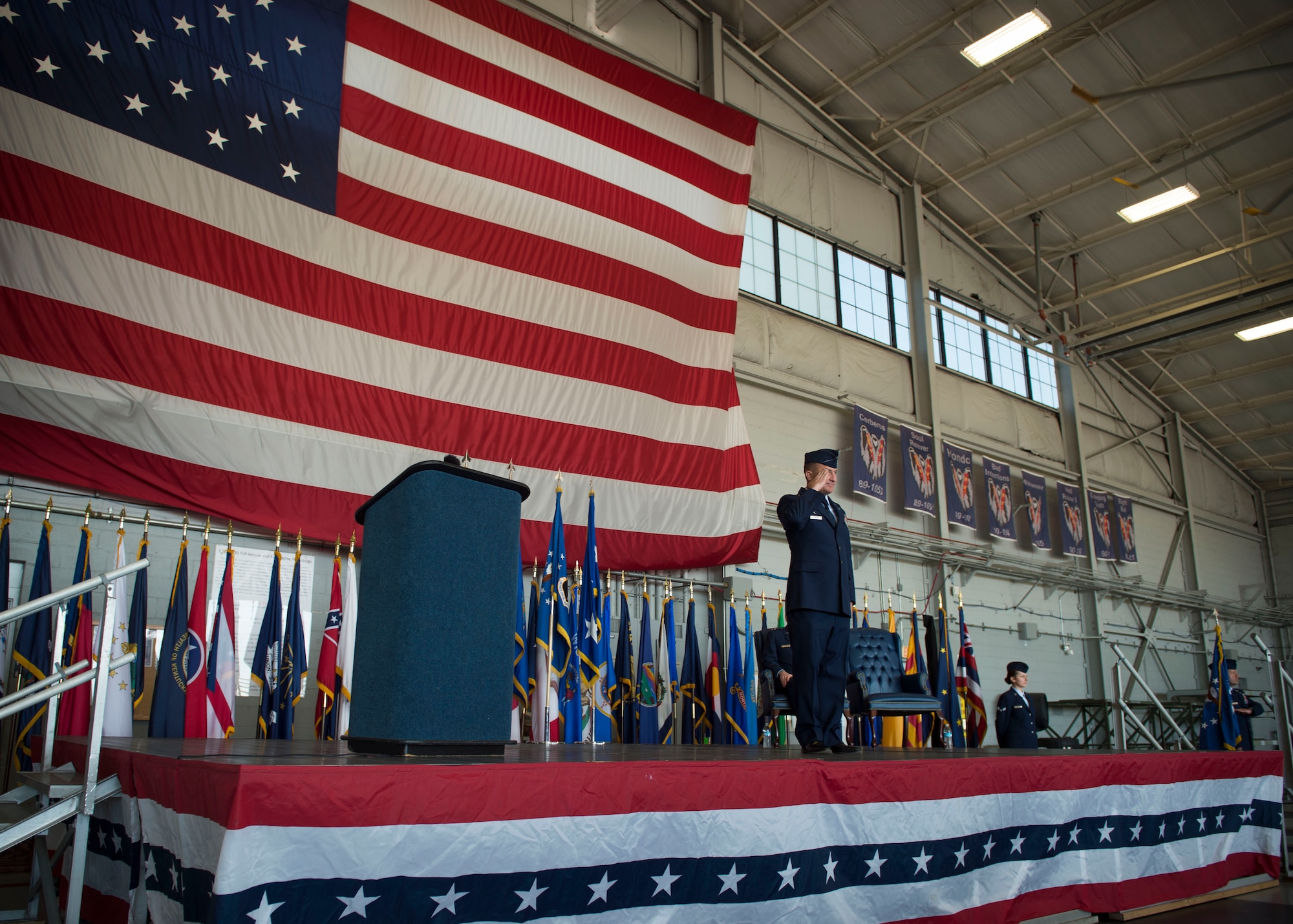 Col. Nathan Green renders his first salute as the new commander of the 492nd Special Operations Wing during a ceremony at Hurlburt Field, Fla., May 10, 2017. Green was previously the commander of the Air Force Special Operations Air Warfare Center that was inactivated prior to the 492nd SOW activation. (U.S. Air Force photo by Senior Airman Krystal M. Garrett)