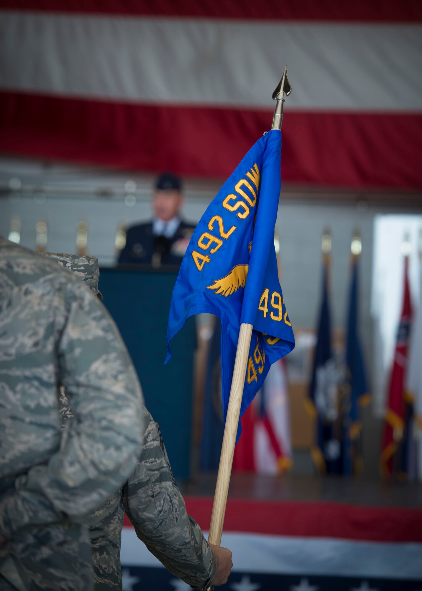 Col. Nathan Green, commander of the 492nd Special Operations Wing, speaks during an activation ceremony at Hurlburt Field, Fla., May 10, 2017. The designator for the 492nd SOW dates back to WWII when the 801st Bombardment Group was established at Harrington Field, England, in September 1943. Almost a year later, it would be redesignated as the 492nd Bombardment Group, a cover for their secret mission-Operation Carpetbagger. (U.S. Air Force photo by Senior Airman Krystal M. Garrett)