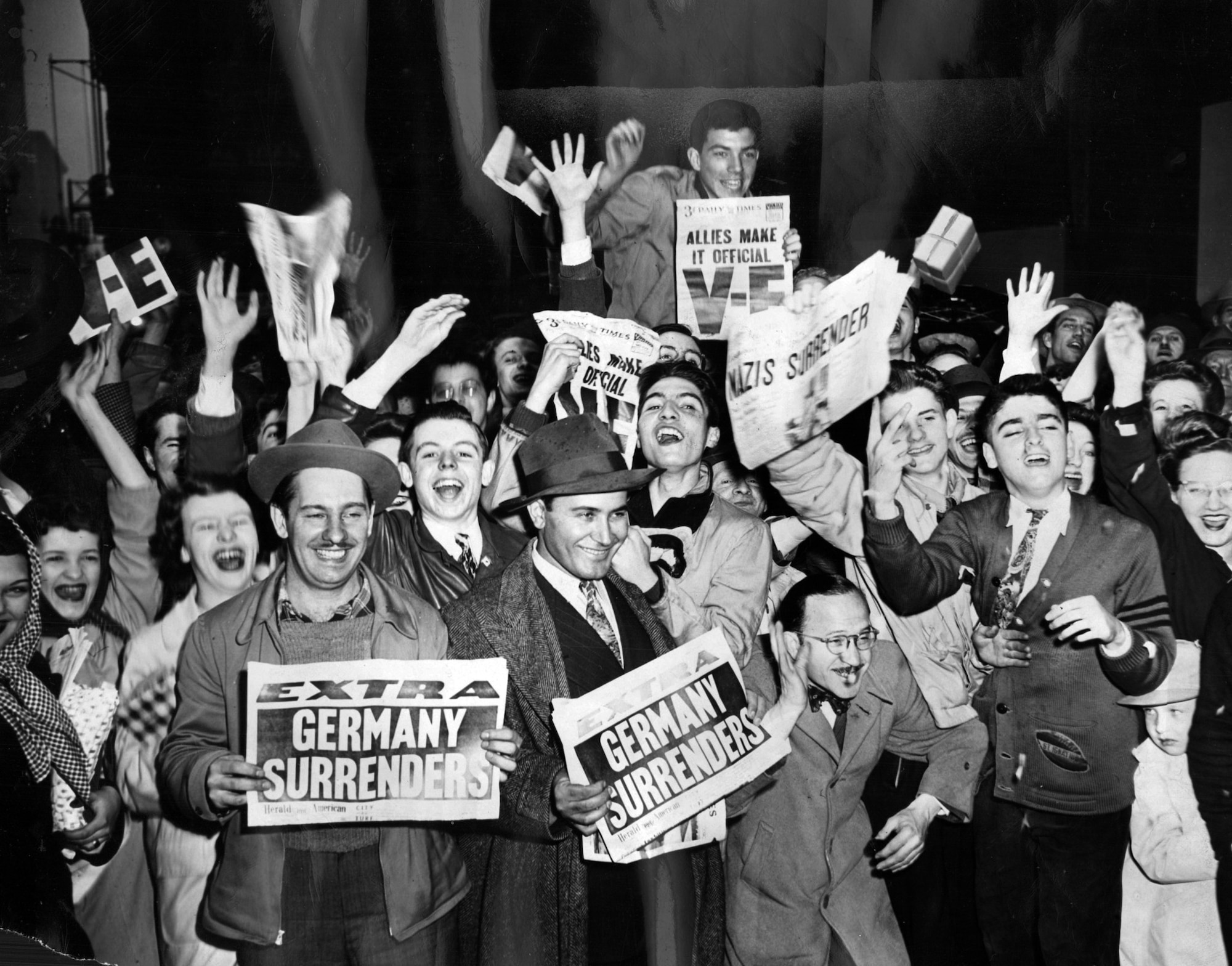 Celebrated in both Great Britain and the United States, Victory in Europe symbolizes the end of World War II in Europe May 8, 1945. Cities in both nations put out flags and banners, celebrating the defeat of Nazi Germany. (Courtesy Photo)