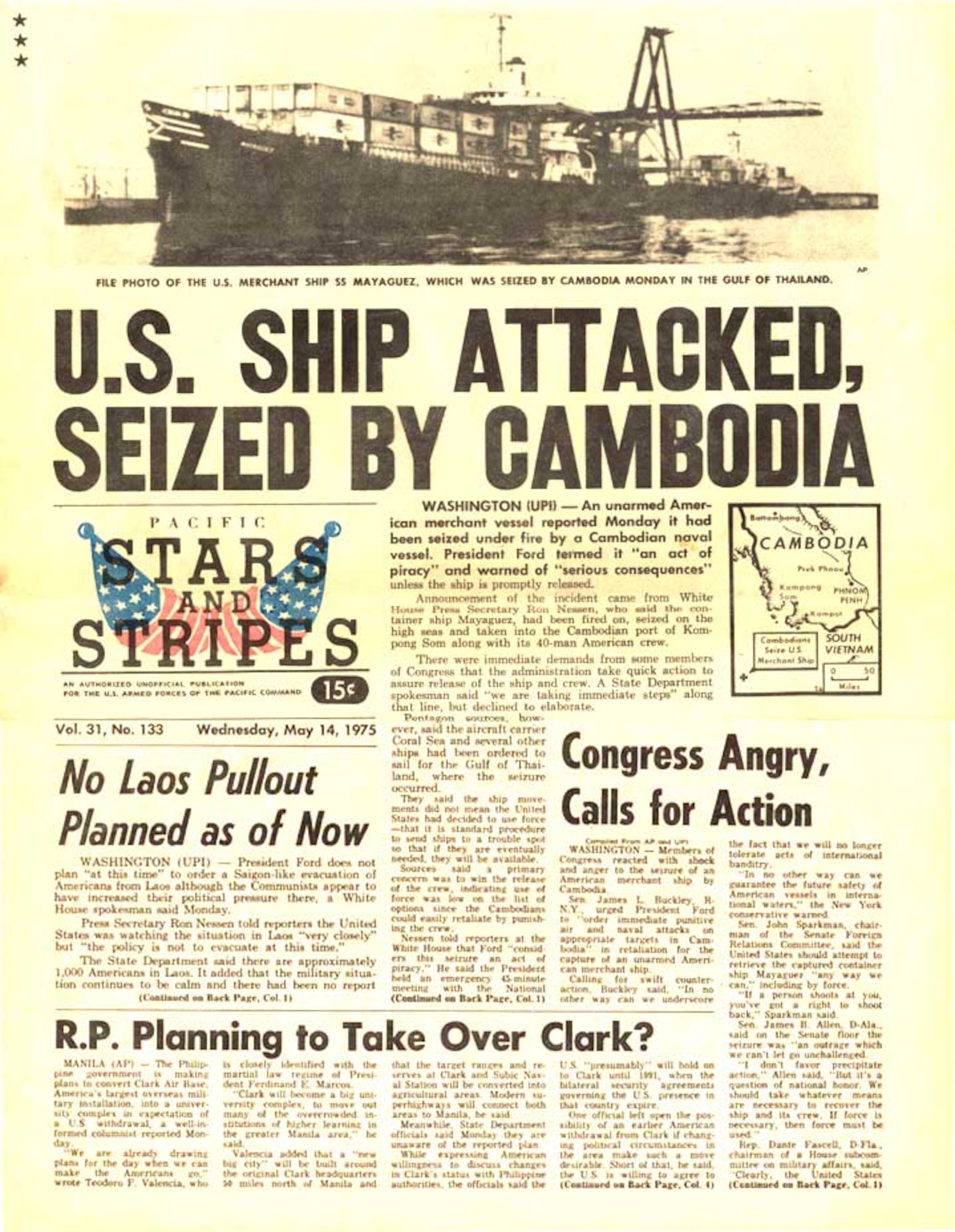 Cambodian gunboats seized the U.S. merchant ship Mayaguez and its 40-man crew May 12, 1975, 60 miles from the Cambodian coast. In response, Military Airlift Command transported U.S. Marines and equipment from the Philippines and Okinawa to Thailand. The crew was released on May 15, ending the last major American military action in Southeast Asia. (Courtesy Photo)