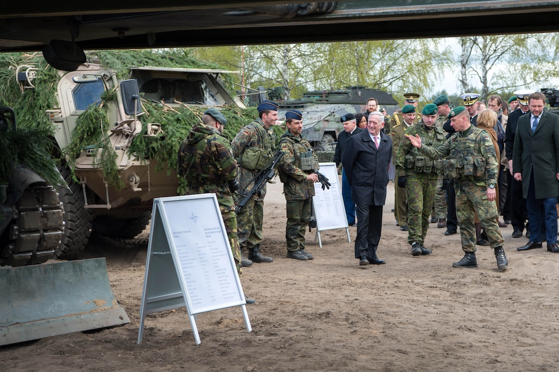 Defense Secretary Jim Mattis meets with German, Lithuanian, Dutch, Belgian and American military members