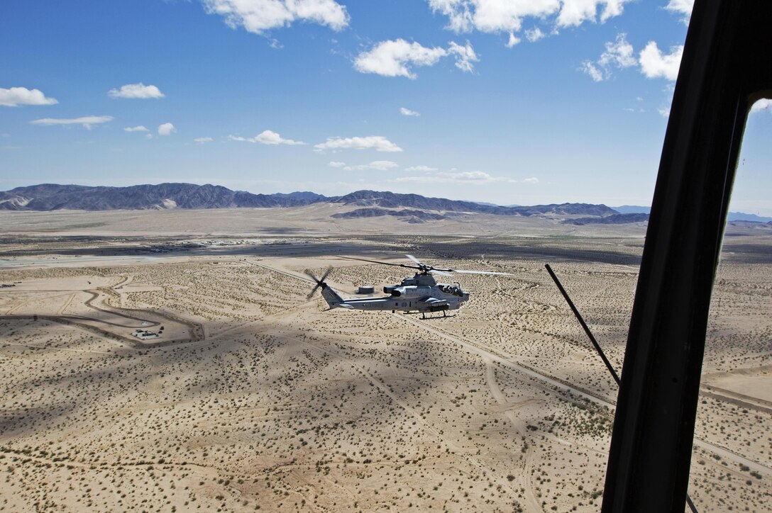 An AH-1Z Viper with Marine Light Attack Helicopter Squadron (HMLA) 469, 3rd Marine Aircraft Wing, participates in a command and control exercise during Integrated Training Exercise (ITX) 3-17 aboard Strategic Expeditionary Landing Field (SELF), Marine Corps Air Ground Combat Center Twentynine Palms, Calif., May. 7. ITX is a combined-arms exercise enabling the different sections of an air combat element the opportunity to combine and demonstrate their capabilities in conjunction with the other elements of a Marine air-ground task force. (U.S. Marine Corps photo by Lance Cpl. Becky L. Calhoun/Released)