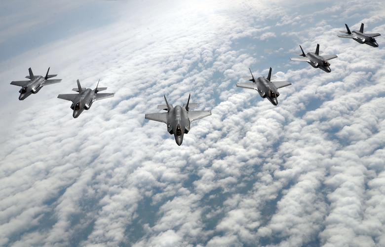 F-35 Lightning II's from Hill Air Force Base, Utah, fly in formation during a training flight May 2, 2017. F-35 pilots are using the airframe in its first-ever flying training deployment to Europe. (U.S. Air Force photo/Senior Airman Christine Groening)