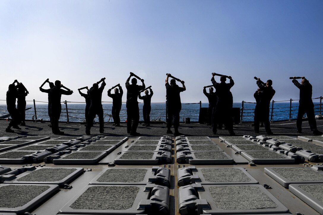 Sailors on the USS Oscar Austin participate in a security reaction course in the Black Sea, May 9, 2017. The Austin is supporting U.S. national security interests in Europe, and increasing theater security cooperation and forward naval presence in the U.S. 6th Fleet area of operations. Navy photo by Petty Officer 1st Class Sean Spratt