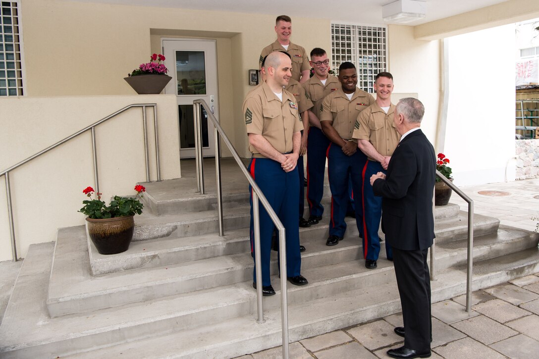 Defense Secretary Jim Mattis speaks with Marines at the U.S. Embassy in Vilnius, Lithuania, May 10, 2017. DoD photo by Air Force Staff Sgt. Jette Carr