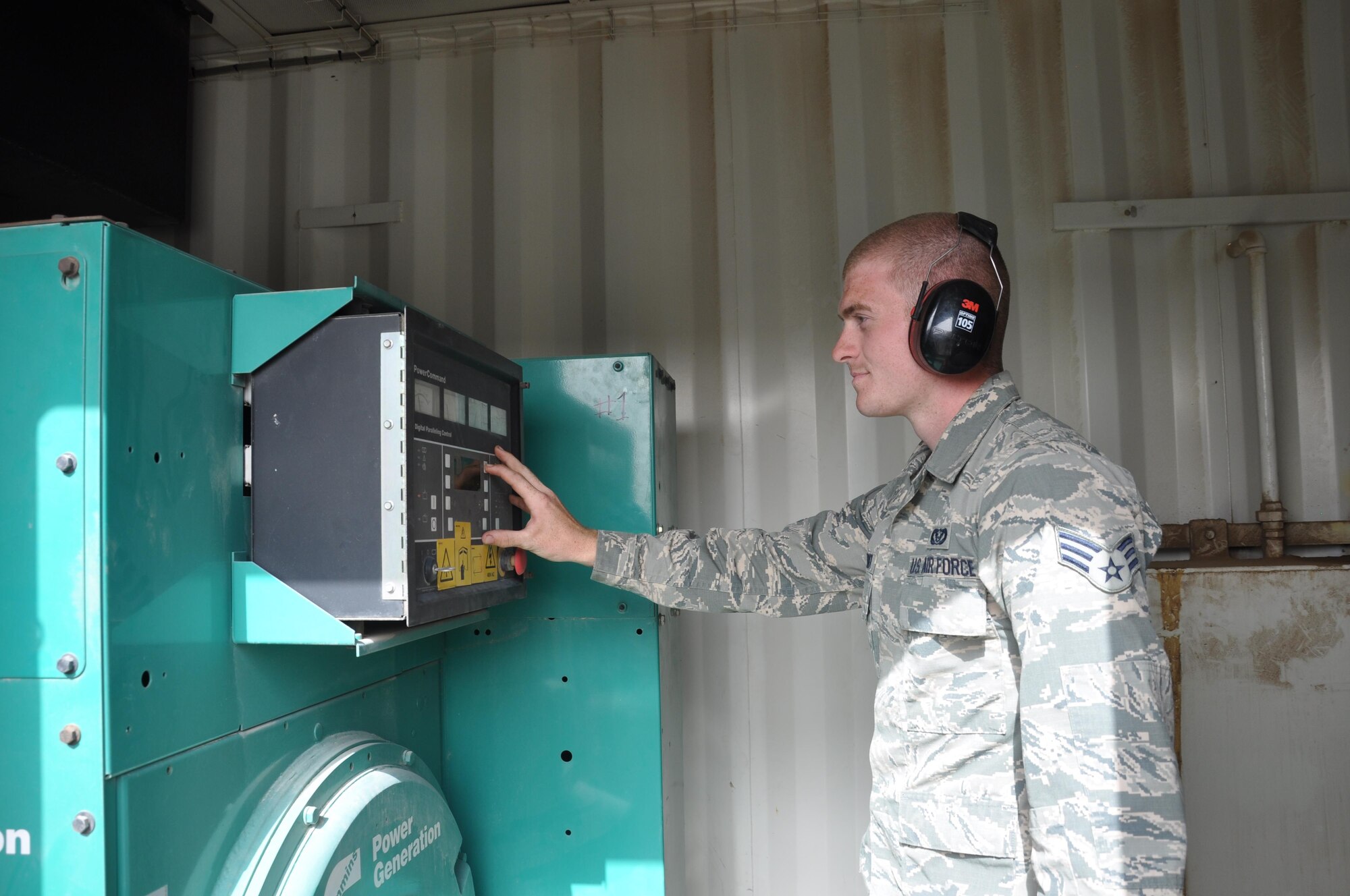 Senior Airman Ethan J. Weidner, a power production technician with the 386th Expeditionary Civil Engineer Squadron, makes adjustments to a power generator during a preventative maintenance check during a preventative maintenance check Wednesday May 10, 2017, at an undisclosed location in Southwest Asia. The power generators serve as a supplement to the host nation electrical grid. Senior Airman Weidner is deployed from the 786th Civil Engineer Squadron of Ramstein Air Base, Germany.
