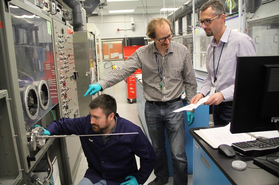 Left to right: Dr. Gene Siegel, Dr. Michael Snure, and Dr. Stefan Badescu conduct their research of hexagonal boron nitride (hBN), a ceramic material that may vastly improve the electronics used by the Air Force. (U.S. Air Force photo/Ted Pitts)