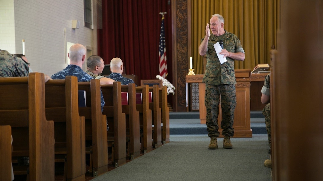 Rear Adm. Brent W. Scott gives closing remarks during the Chaplain’s Professional Development Workshop at Camp Foster, Okinawa, Japan, May 8, 2017. Scott’s guided discussions were centered on the topic of targeted and interpersonal violence. Chaplains are an indispensable asset to these types of instances. Scott is the chaplain of the Marine Corps.