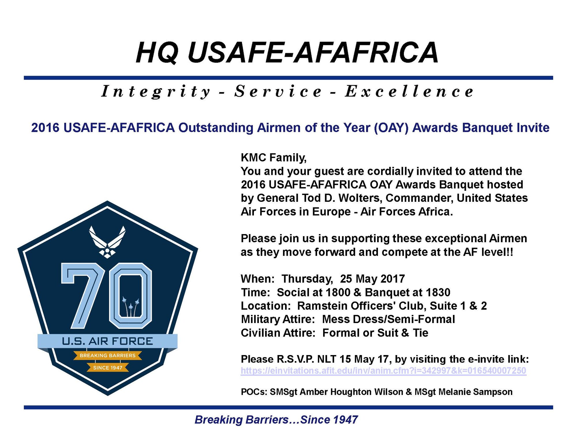Please join us in celebrating the USAFE-AFARICA Outstanding Airmen of the Year at the Outstanding Airman of the Year Banquet.(Courtesy)