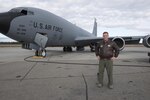 EIELSON AIR FORCE BASE, Alaska – U.S. Air Force Tech. Sgt. Chad Holloway, a 909th Air Refueling Squadron boom operator assigned to Kadena Air Base, Japan, poses for a photo in front of a KC-135T Stratotanker from Fairchild Air Force Base, Wash., May 9, 2017, during NORTHERN EDGE 2017 (NE17), at Eielson Air Force Base, Alaska. NE17 is Alaska’s premier joint training exercise designed to practice operations, techniques and procedures as well as enhance interoperability among the services. Thousands of participants from all the services, Airmen, Soldiers, Sailors, Marines and Coast Guardsmen from active duty, Reserve and National Guard units are involved. (U.S. Air Force photo/Staff Sgt. Ashley Nicole Taylor)