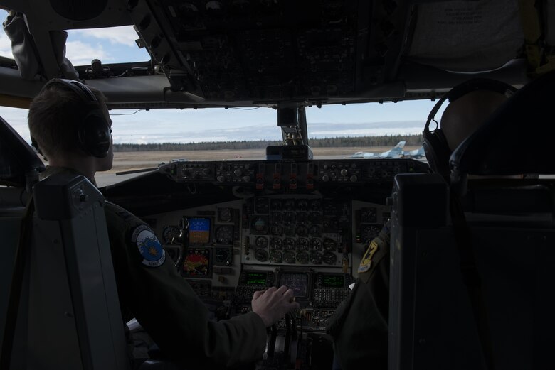EIELSON AIR FORCE BASE, Alaska – U.S. Air Force Capt. Ryan Singleton and Capt. Justin Munger, both assigned to 909th Air Refueling Squadron pilots Kadena Air Base, Japan, taxi prior to a sortie in a KC-135T Stratotanker from Fairchild Air Force Base, Wash., May 9, 2017, during NORTHERN EDGE 2017 (NE17), at Eielson Air Force Base, Alaska. NE17 is Alaska’s premier joint training exercise designed to practice operations, techniques and procedures as well as enhance interoperability among the services. Thousands of participants from all the services, Airmen, Soldiers, Sailors, Marines and Coast Guardsmen from active duty, Reserve and National Guard units are involved. (U.S. Air Force photo/Staff Sgt. Ashley Nicole Taylor)