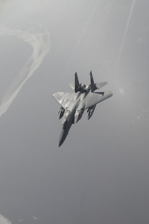 EIELSON AIR FORCE BASE, Alaska – A U.S. Air Force F-15C Eagle pilot assigned to the 67th Fighter Squadron out of Kadena Air Base, Japan, performs a sortie May 9, 2017, during NORTHERN EDGE 2017 (NE17), over the Joint Pacific-Alaska Range Complex. NE17 is Alaska’s premier joint training exercise designed to practice operations, techniques and procedures as well as enhance interoperability among the services. Thousands of participants from all the services, Airmen, Soldiers, Sailors, Marines and Coast Guardsmen from active duty, Reserve and National Guard units are involved. (U.S. Air Force photo/Staff Sgt. Ashley Nicole Taylor)