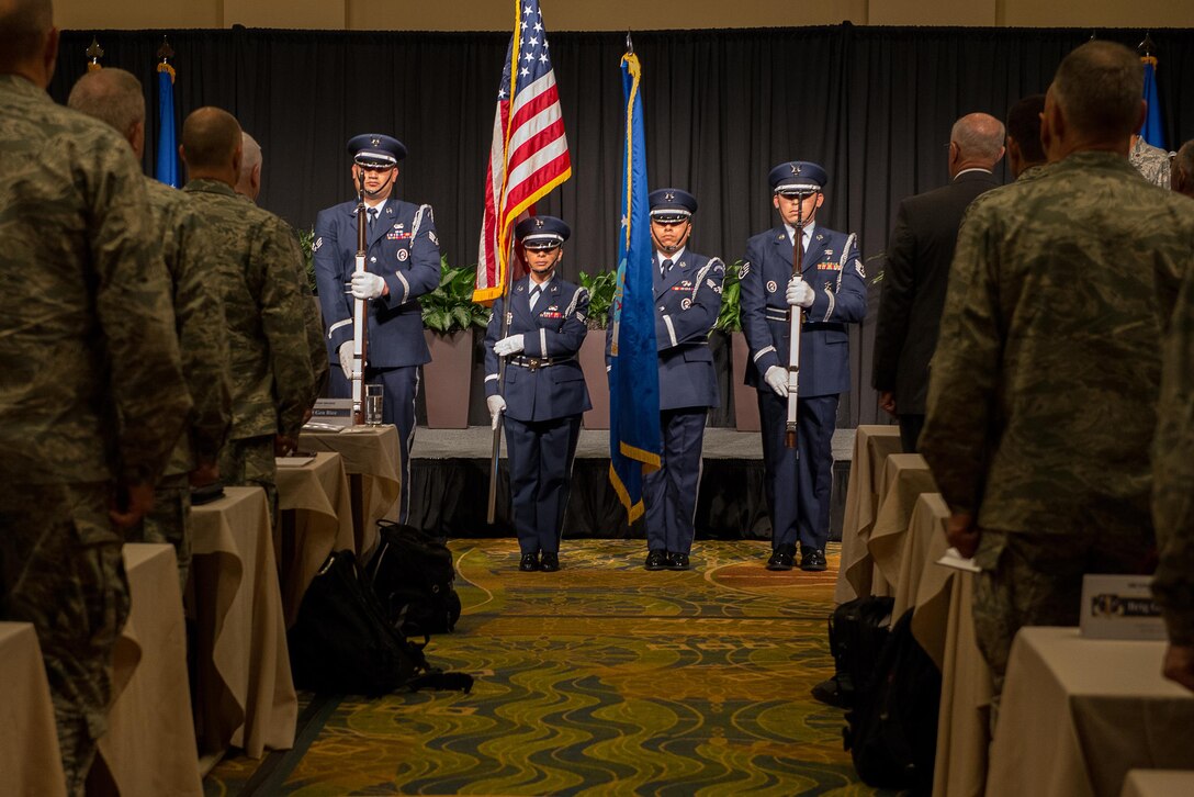 Airmen from the 137th Special Operations Wing Honor Guard present the colors to open the 2017 Air National Guard Leadership Conference at the National Center for Employee Development Conference Center, Norman, Okla., May 9, 2017. The leadership conference, attended by general officers, adjutant generals, wing commanders, command chiefs and directors of staff from across the 54 U.S. states and territories, focused on leading, protecting and supporting the 21st-century Guard Airman. (U.S. Air National Guard photo by Senior Master Sgt. Andrew M. LaMoreaux)