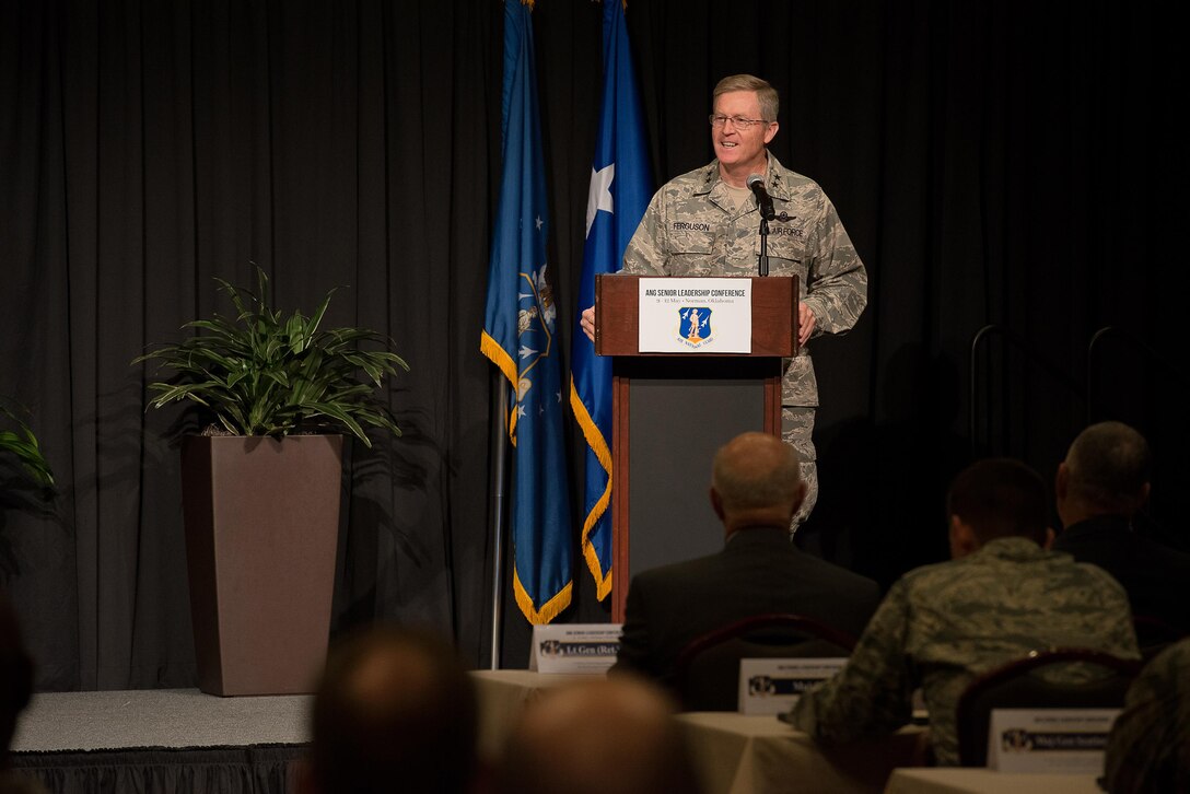 Maj. Gen. Gregory L. Ferguson, the Air National Guard assistant to the commander, Air Force Special Operations Command, welcomes attendees to the 2017 Air National Guard Leadership Conference at the National Center for Employee Development Conference Center, Norman, Okla., May 8, 2017. The leadership conference, attended by general officers, adjutant generals, wing commanders, command chiefs and directors of staff from across the 54 U.S. states and territories, focused on leading, protecting and supporting the 21st-century Guard Airman. (U.S. Air National Guard photo by Senior Master Sgt. Andrew M. LaMoreaux)