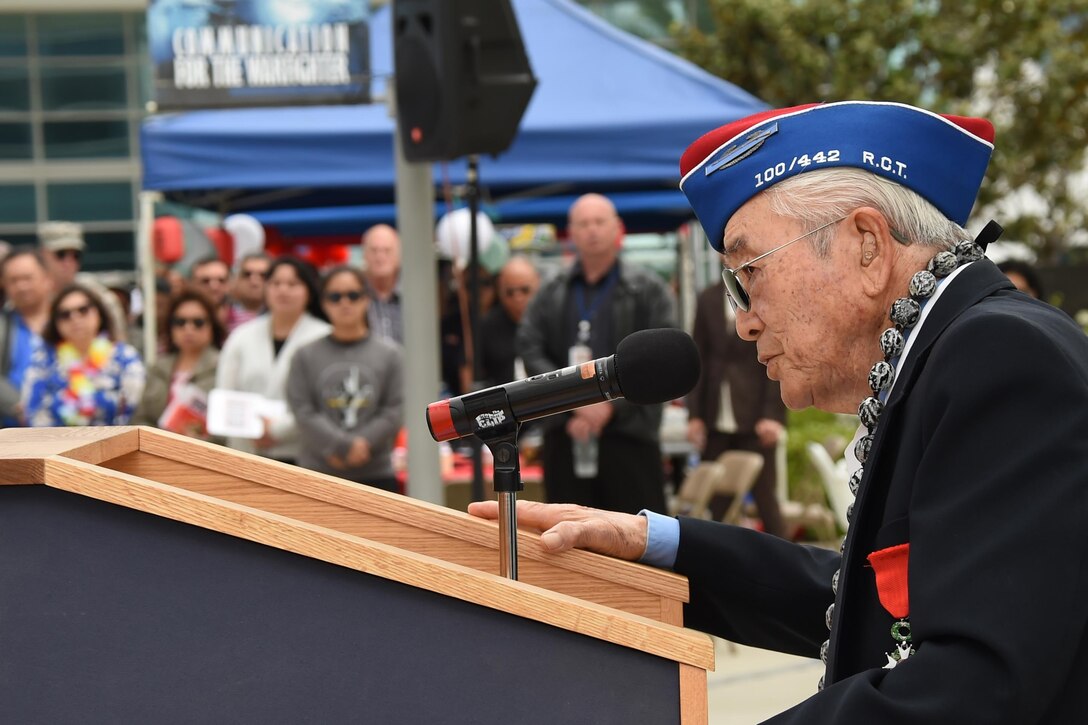 World War II veteran Yoshio C. Nakamura describes his experience in a Japanese internment camp before enlisting in the 442nd Regimental Combat Team, an all Japanese-American unit, during an Asian American and Pacific Islander Heritage Month event at Los Angeles Air Force Base in El Segundo, Calif., May 9, 2017. Air Force photo by Sarah Corrice
