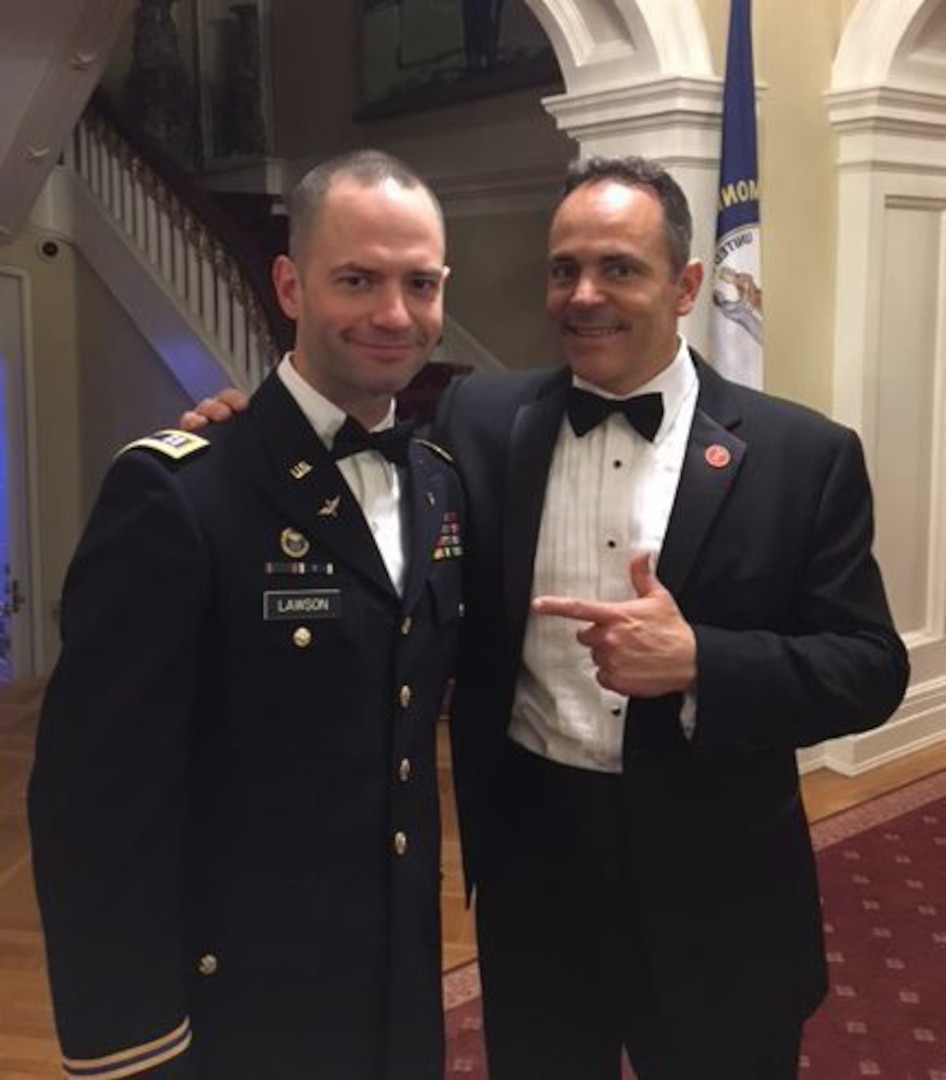 U.S. Army Capt. Stephen Lawson attends the annual Kentucky Derby Gala with Gov. Matt Bevin at the Governor's Mansion in Frankfort, Kentucky, May 5, 2017.