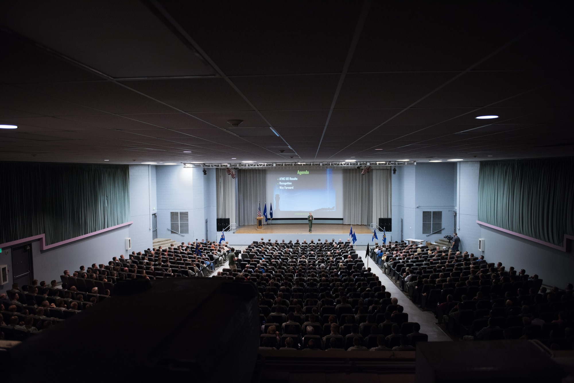 Brig. Gen. Carl Schaefer, 412th Test Wing commander, held a commander's call at the base theater May 5 to congratulate Team Edwards for the base's recent performance during the Capstone Unit Effectiveness Inspection held April 25-28. (U.S. Air Force photo by Joseph Gocong)
