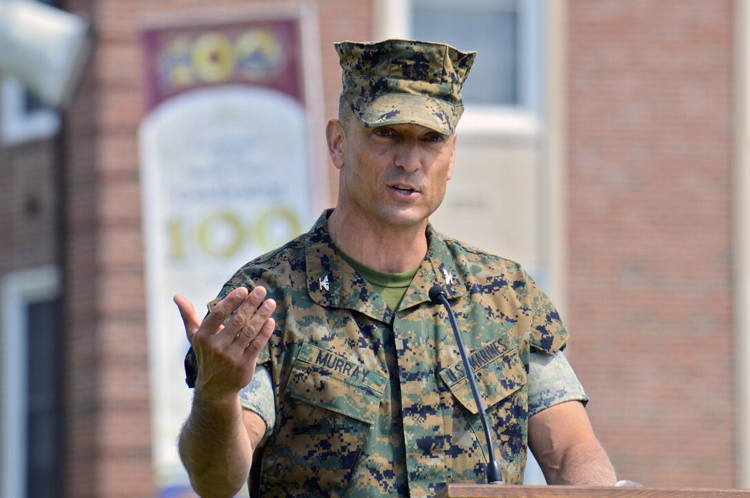 Col. Joseph Murray, Marine Corps Installations-National Capital Region, Marine Corps Base Quantico, spoke at the ceremony about the history of Quantico, saying that May 14, which marks the arrival of Marines at Quantico is historic because the base has increased in size and scope over 100 years into the base it is today, which is the host to many tenant commands which influence the operations of the entire Marine Corps.