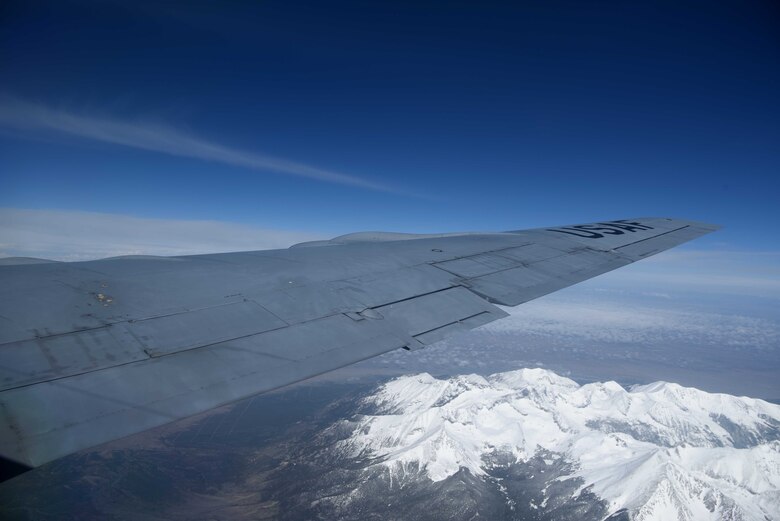 A KC-135 Stratotanker assigned to McConnell Air Force Base, Kan. flies over Colorado May 10, 2017. The aircraft was en route to refuel three receiving aircraft during the annual Landowner Appreciation Flight. (U.S. Air Force photo/Airman 1st Class Erin McClellan)