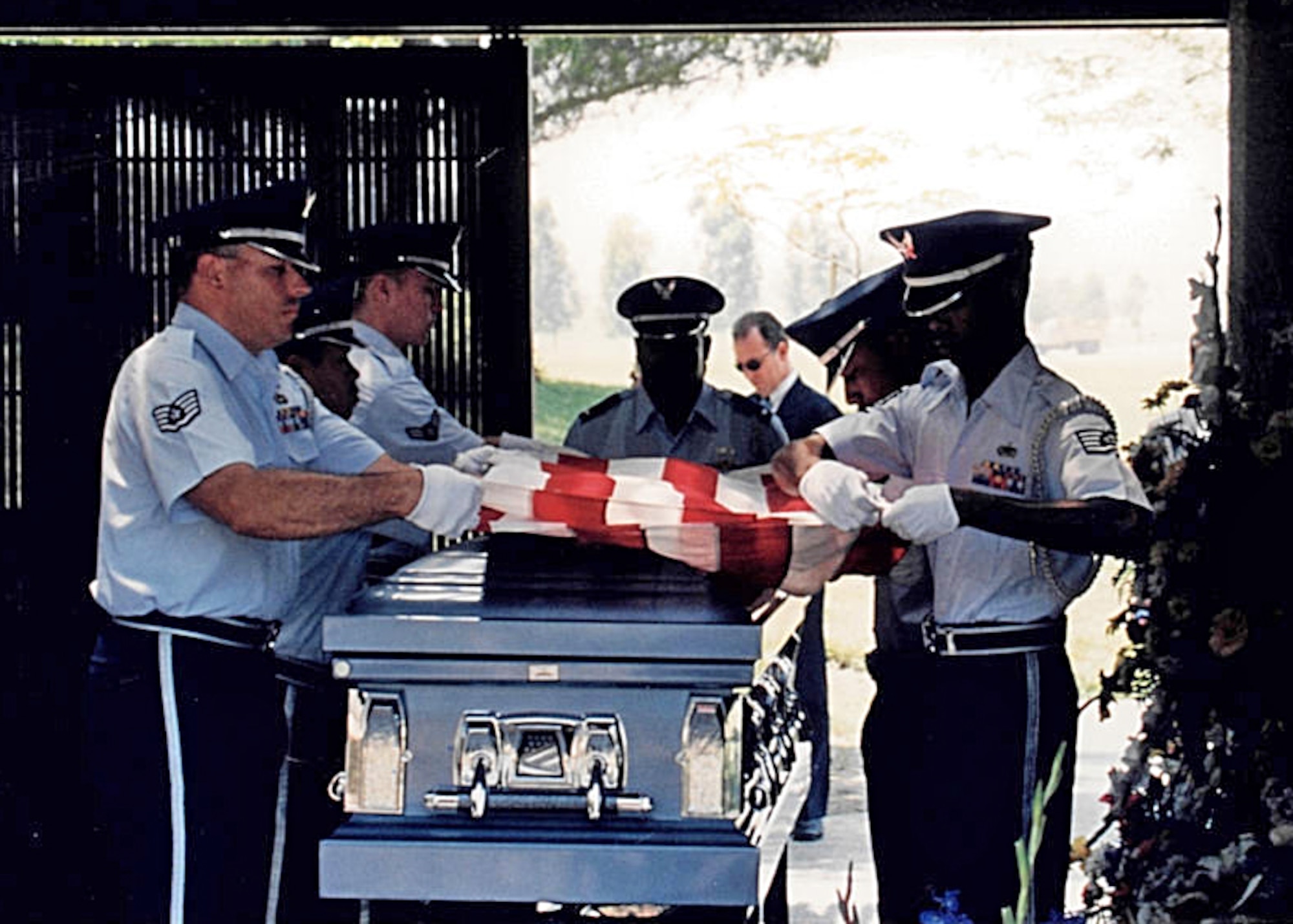 The memorial service for Tech. Sgt. Robert B. Butler in 1998. Butler was killed by an Airman while making a routine traffic stop Jan. 10, 1998. (U.S. Air Force photo provided by the Air Force Test Center History Office)