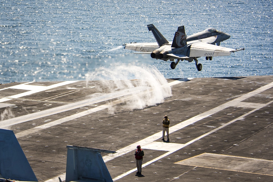 A Navy F/A-18E Super Hornet aircraft takes off from the aircraft carrier USS Carl Vinson in the Western Pacific Ocean, May 2, 2017. Navy photo by Petty Officer 3rd Class Matthew Granito