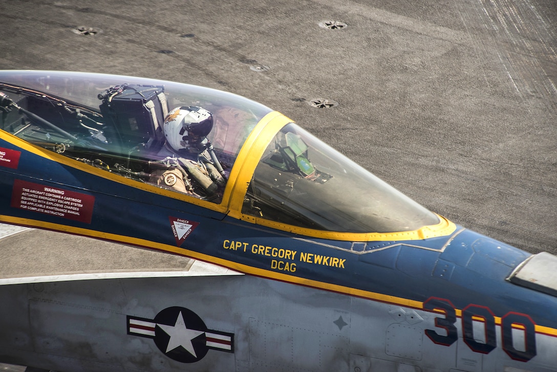 Navy Lt. Spenser Olsen taxies an F/A-18E Super Hornet aircraft aboard the aircraft carrier USS Carl Vinson in the Western Pacific Ocean, May 2, 2017. Olsen is a pilot assigned to the Strike Fighter Squadron 192. Navy photo by Petty Officer 3rd Class Matthew Granito